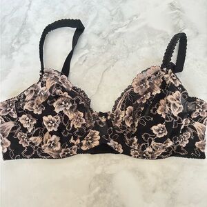 FELINA Size 38DD Underwire Black Bra with Floral Embroidery